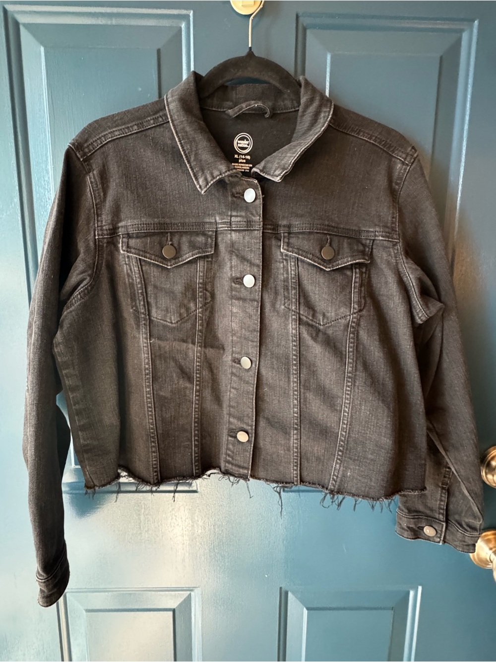 wonder nation Girls Black Cropped Denim Jacket with Raw Hem